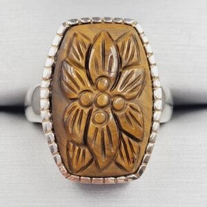 Silver Floral Tigers Eye Carved Ring
